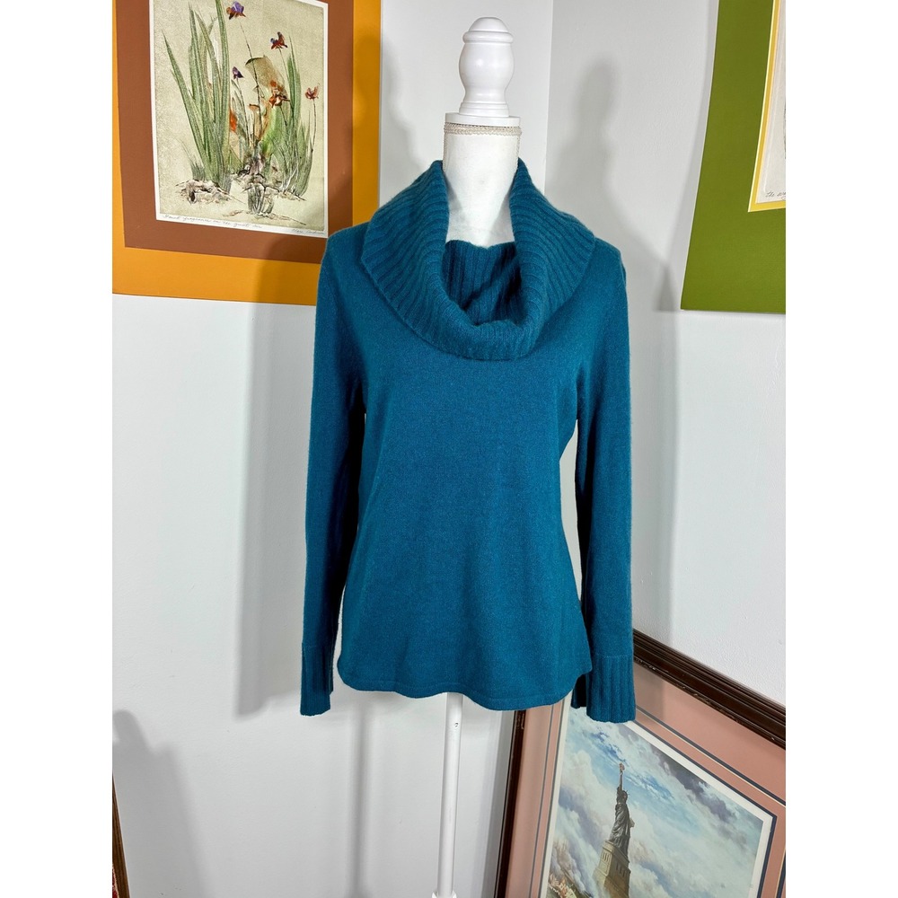 Mainbocher Cowl Neck Sweater Women XL Teal Pure Cashmere Ribbed Knit